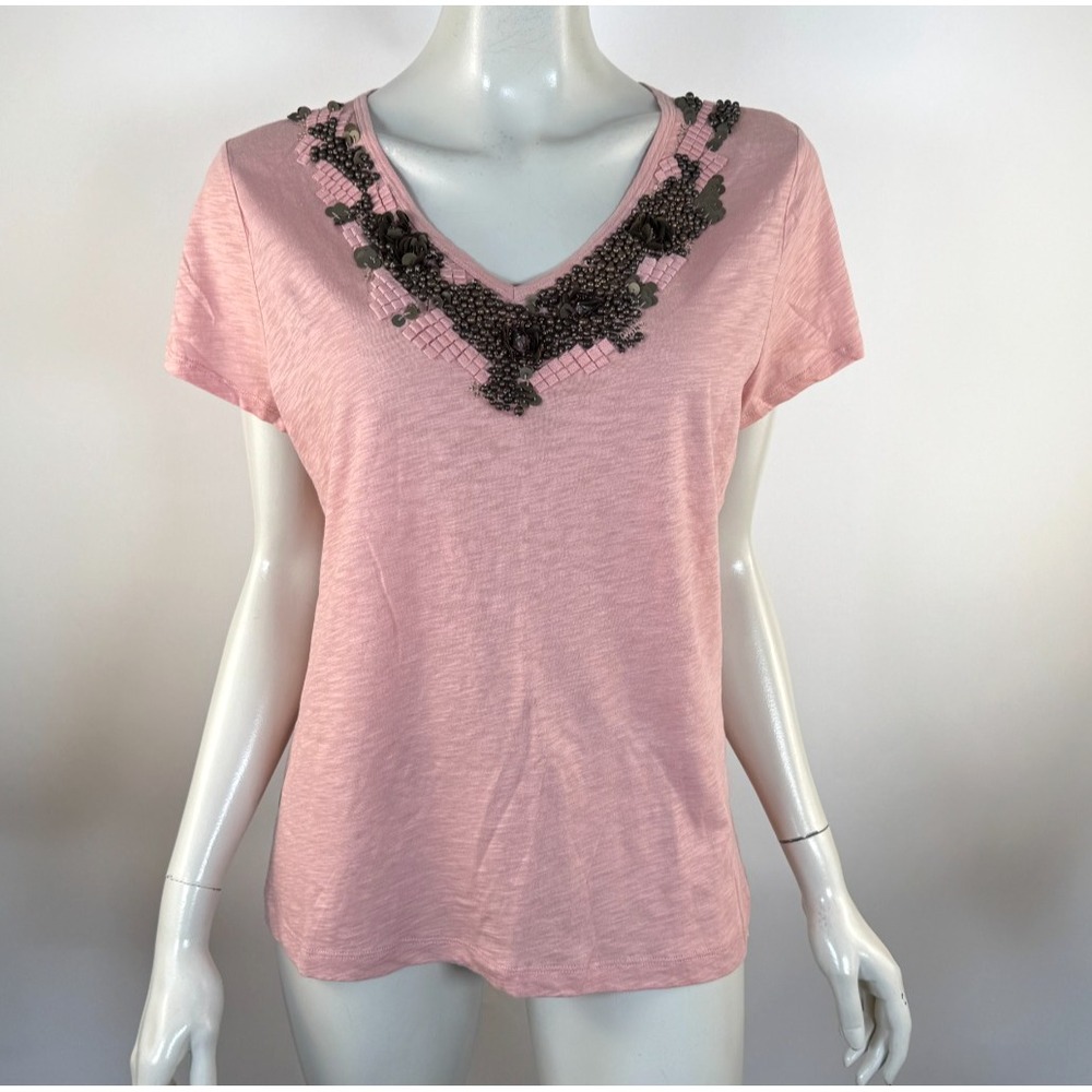 Talbots Embellished Top Women PXL NWT Short Sleeve Tee Stretch Cotton V-neck